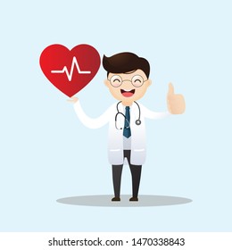 Happy doctor with good heart rate and showing thumbs up. Vector illustration.