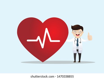 Happy doctor with good heart rate and showing thumbs up. Vector illustration.