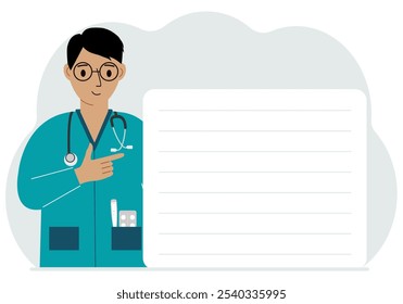Happy Doctor holding a file with blank paper for text. Vector flat illustration