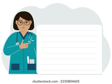 Happy Doctor holding a file with blank paper for text. Vector flat illustration