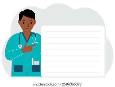 Happy Doctor holding a file with blank paper for text. Vector