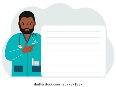 Happy Doctor holding a file with blank paper for text. Vector flat illustration