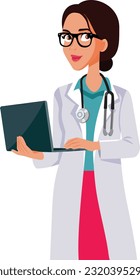 
Happy Doctor Holding a Laptop Vector Cartoon Illustration. General practitioner working online doing telemedicine consultations 
