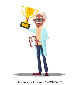 Happy Doctor Holding Winner Cup, Best Doctor Vector. Isolated Cartoon Illustration
