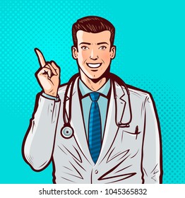 Happy doctor with index finger. Hospital, pharmacy, health, medicine concept. Pop art retro comic style. Cartoon vector illustration