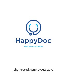 Happy Doctor logo with stethoscope  isolated on white Background. Usable for Business and Branding Logos. Flat Vector Logo Design Template Element.