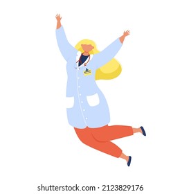 Happy doctor in medical coat is jumping.