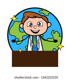 Happy Doctor Showing Banner with Earth Vector