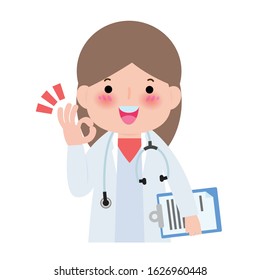 Happy doctor shows hand okay sign Isolated on white background Vector illustration