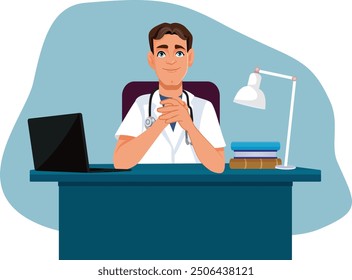 
Happy Doctor Sitting at His Desk Vector Cartoon Illustration. Professional general practitioner welcoming patients in a friendly way
