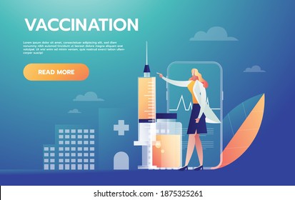 Happy doctor standing near coronavirus vaccine. Medical staff in white coat. Start vaccination against Covid-19 viral infection. Healthcare concept. Vector illustration