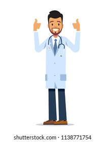 Happy doctor with stethoscope smiling and holding thumb up for liking, recommending or approving. Vector character design isolated on white background.