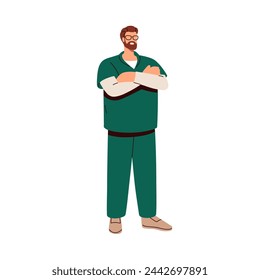 Happy doctor surgeon in scrubs. Medic, healthcare clinic worker, medical practitioner in hospital uniform, standing and smiling with arms crossed. Flat vector illustration isolated on white background