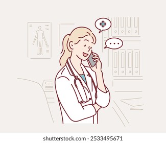  feliz médico falando no smartphone no consultório médico. Hospital, medicina, saúde e comunicação. Ilustrações de design de vetor de estilo desenhado à mão.