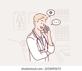  feliz médico falando no smartphone no consultório médico. Hospital, medicina, saúde e comunicação. Ilustrações de design de vetor de estilo desenhado à mão.