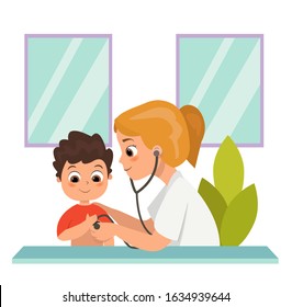 happy doctor treatment kid illness. Doctor listens to breathing stethoscope. Measure body temperature. Vector illustration Isolated on white background.
