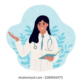 Happy doctor in white coat and stethoscope in hands with notebook pointing to side.