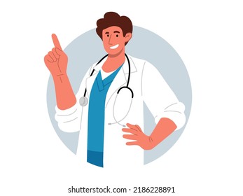 Happy Doctor In White Coat And Stethoscope,pointing To Side.Portrait Of Young Male Medic Standing Sideways And Smiling.Round Background.Vector Flat Illustration