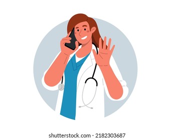 Happy doctor in white coat and stethoscope,waving with hand and holding mobile phone.Say hello.Portrait of young female medic standing sideways and smiling.Round background.Vector flat illustration