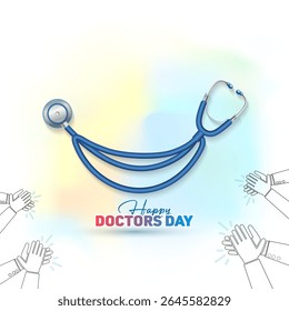 Feliz Dia dos Médicos. 1º de julho Dia Mundial do Médico (em inglês) "Celebration Post Concept" . Sorria ilustração com estetoscópio médico.