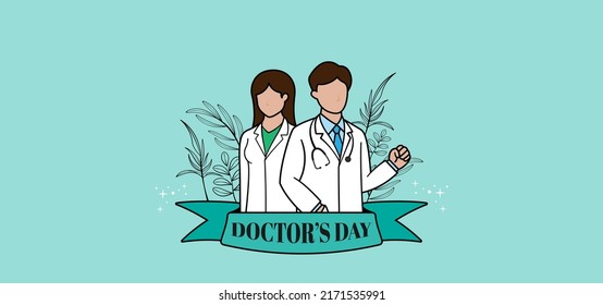 Fröhlicher Doctor's Day Hintergrund. Zwei Paar Ärzte, männlich und weiblich, mit Farbbandornamenten und Blatt-Strick auf hellblauem Hintergrund