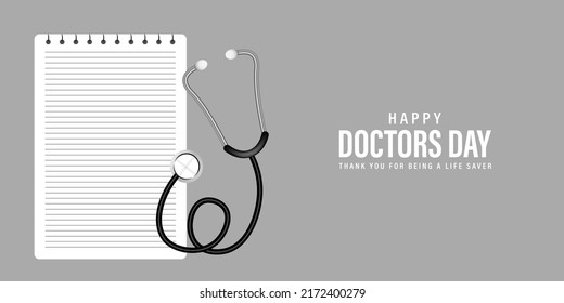 Happy Doctor's day banner  with stethoscope, doctor's notepad, vector illustration