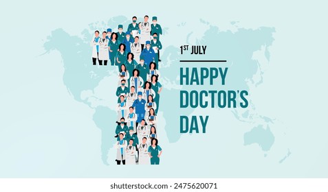 Happy doctors day. A large group of doctors form to create the number 1 as doctors day is celebrated on the 1st of July. world map background Vector illustration.