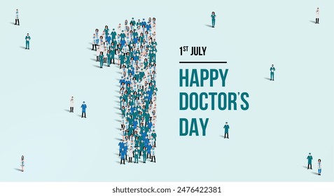 Happy doctors day. A large group of doctors form to create the number 1 as doctors day is celebrated on the 1st of July. Green background Vector illustration.