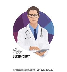 Happy doctors day. Medical healthcare banner design with doctor in medical coat with stethoscope holding a tablet. Vector illustration.