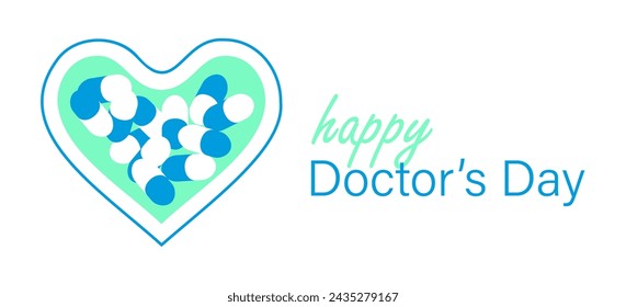 Happy Doctors Day. Pills in heart. Festive event for medical workers and nurses. Profession is to take care of health. Medic. Box for pills, vitamins. Flat design. Color image. Vector illustration