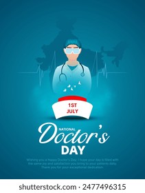 Feliz Día de los Doctores Diseño de fondo de póster con una joven médica. Diseño de Ilustración vectorial creativa.