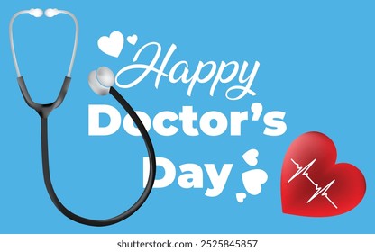 "Happy Doctor's Day" text with a stethoscope and red heart with an electrocardiogram line on a blue background. Clean, celebratory design for medical professionals.