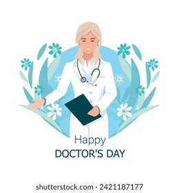 Happy Doctor's Day. Thanks to the doctors and nurses for their help and saved lives. Medicine and health. Vector illustration horizontal in flat style on an abstract background.