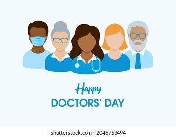 Vector del Día de los Médicos Felices. El hombre y la mujer avatar doctores conjunto de iconos vector. Vector de grupos multiculturales de hombres y mujeres medicas. Día importante