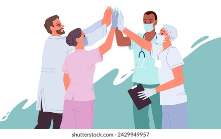 Happy doctors give high five. Hospital team of medics with medical uniform, masks and gloves giving mask and glove as symbol of surgical operation success, help and support cartoon vector illustration