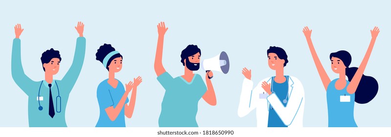 Happy Doctors. Latest Medical News, Good Information. Nurse Therapist Surgery Clap And Smile. Hospital Staff Alert Ad, Cute People Group In Uniform Vector Illustration