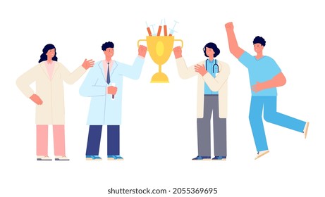 Happy doctors. Medical team and scientists with golden cup with vaccines. Science research, healthcare and people life and health support vector concept