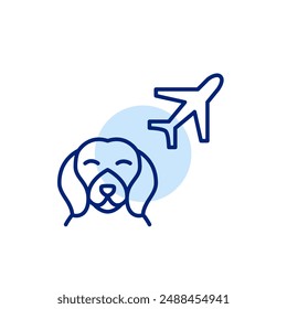 Happy dog and airplane. Air travel with pets. Pixel perfect, editable stroke icon