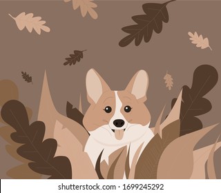 happy dog in autumn leaves. vector image in monochrome color scheme