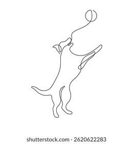 Happy dog ​​playing ball in minimalist continuous line art. Cheerful dog black line drawing, vector line illustration on white background