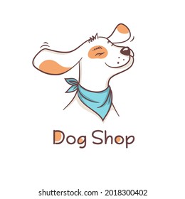 Happy dog in bandana. Logo and cartoon mascot for pet shop, veterinary or cynologist