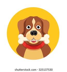 Happy dog with big white bone. Flat style vector illustration isolated on white background.