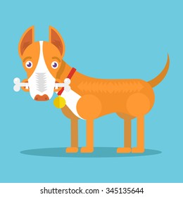 Happy dog with big white bone. Vector flat illustration