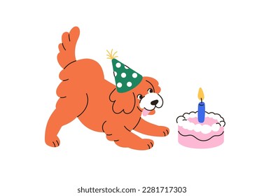 Happy dog with birthday cake, candle. Funny pet in b-day hat, cap celebrating one year. Cute puppy with holiday present, canine food surprise. Flat vector illustration isolated on white background