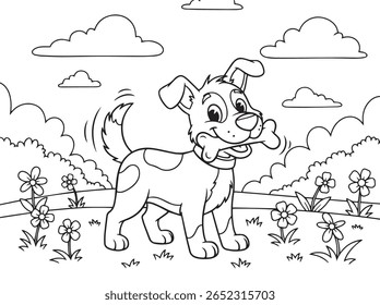 Happy Dog with a Bone in a Flower Field, Cute Cartoon Puppy with Bushes and Clouds - Coloring Page. Vector Illustration