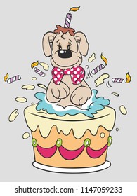 A happy dog with bow tie springs out from birthday cake with candles.