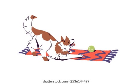 Perro feliz trae la pelota para jugar, menea la cola en la alfombra. Lindo cachorro se divierte con el juguete. Divertido cachorro enérgico. Mascota juguetona, animal doméstico, amigo peludo. Ilustración vectorial aislada plana sobre fondo blanco