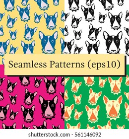 Happy dog bull terrier vector background. Seamless pattern.