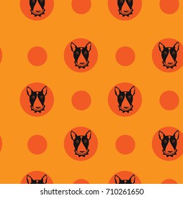 Happy dog bull terrier vector background. Seamless pattern. Endless dog texture with colorful circles