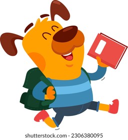 Happy Dog Cartoon Character Goes To School With A Backpack And A Textbook. Vector Illustration Flat Design Isolated On Transparent Background